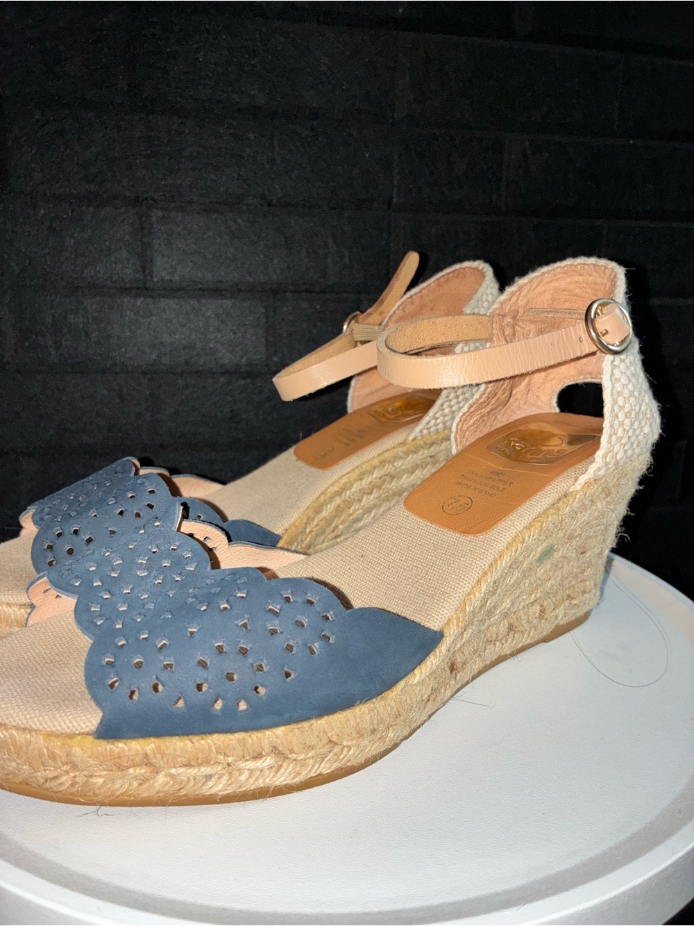 kanna Blue Suede and Beige Espadrille Wedge Sandals